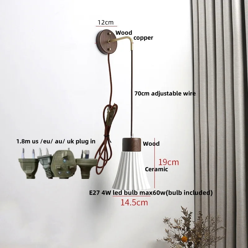Helnys Modern White Ceramic LED Wall Lamp with Pull Chain Switch