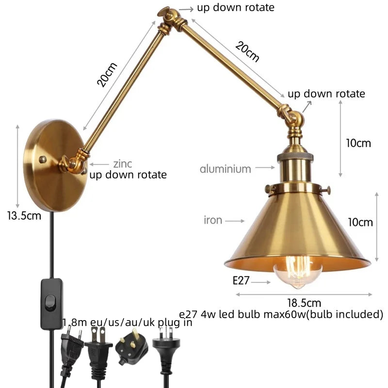 Helnys Vintage Iron LED Wall Lamp with Pull Chain Switch