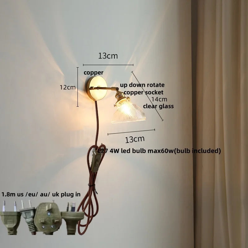 Helnys Green Glass LED Wall Sconce Rotate Copper Stair Light Fixtures