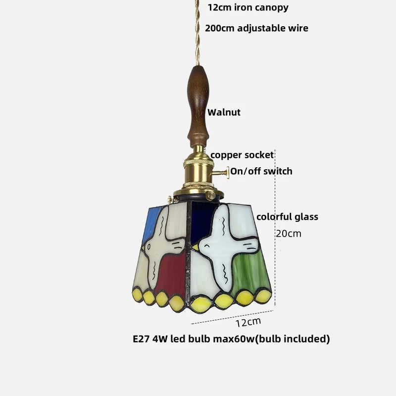 Helnys Tiffany Style Glass Pendant Light Fixture with Walnut Wood Finish