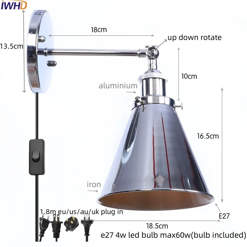 Helnys Industrial Iron LED Wall Lamp Plug In Stair Light Fixture Bedroom Aisle Vintage