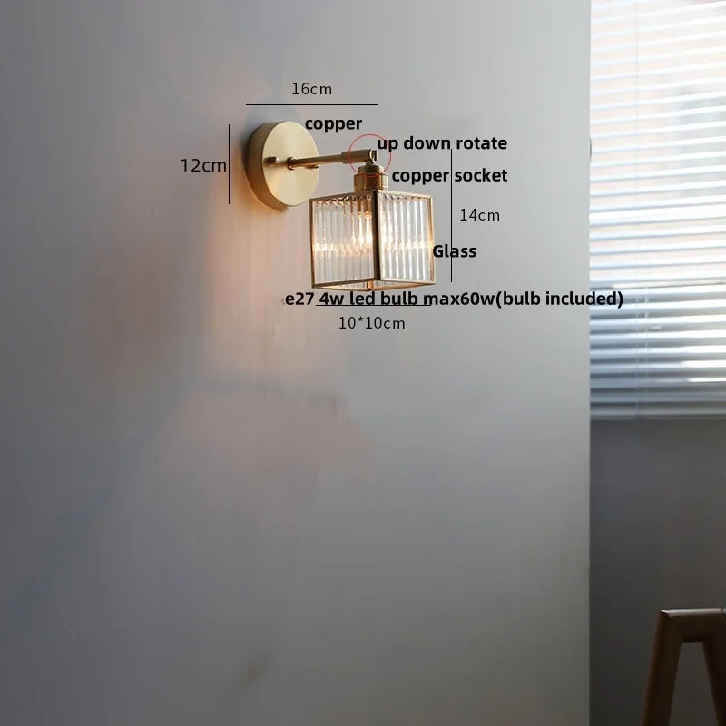 Helnys Copper LED Wall Lights Clear Glass Pull Chain Switch - Modern Nordic Style