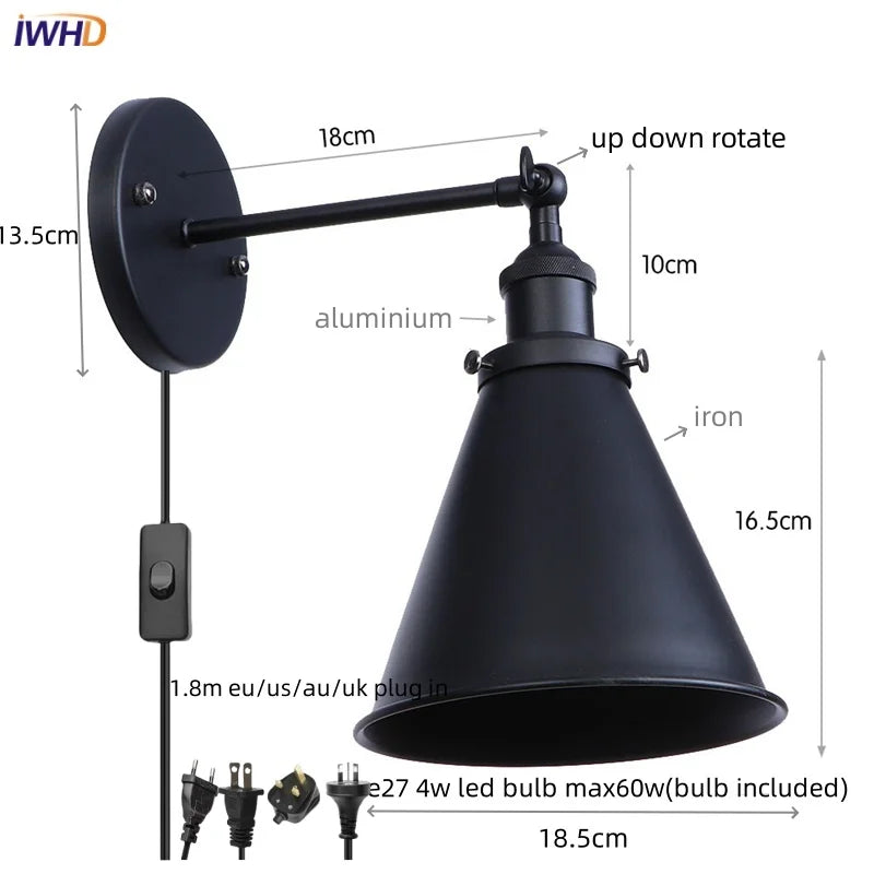 Helnys Industrial Iron LED Wall Lamp Plug In Stair Light Fixture Bedroom Aisle Vintage