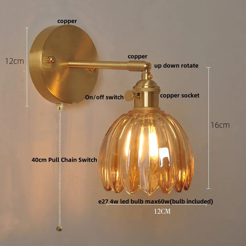 Helnys Clear Glass LED Wall Lights Up Down Rotate Copper Nordic Sconce Fixtures