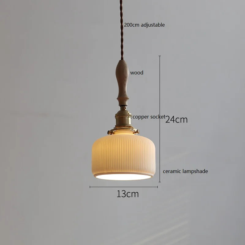 Helnys Wood Handle Copper LED Pendant Lights Fixture Modern Hanging Lamp