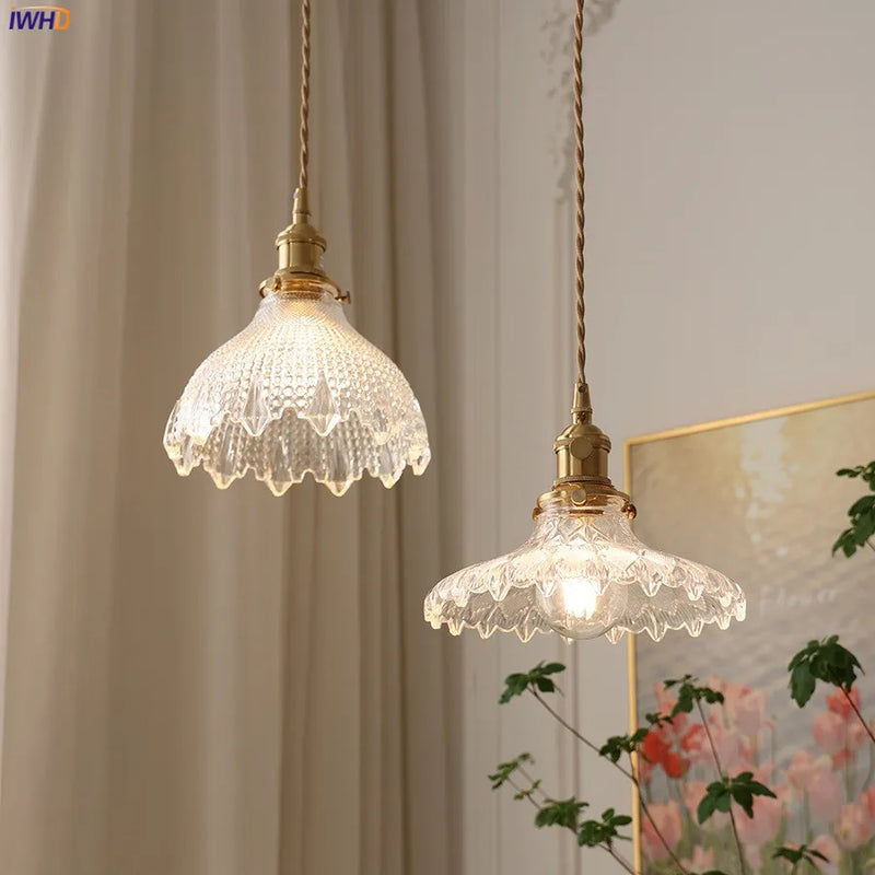 Helnys Green Glass LED Pendant Lamp with Copper Wood Handle for Dinning Living Room