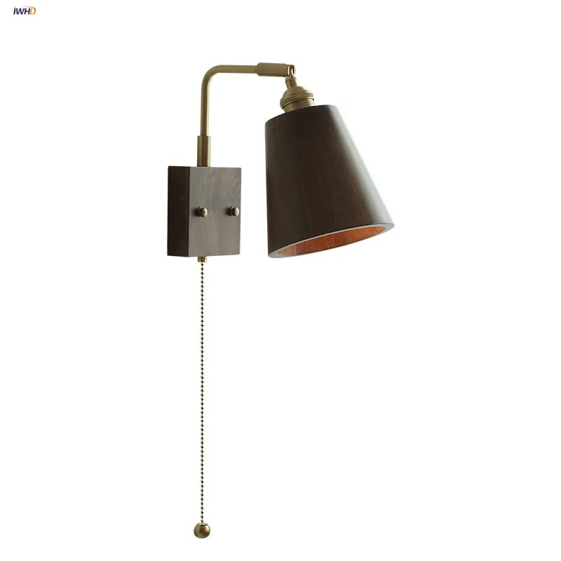 Helnys Loft Wood LED Wall Light Vintage Walnut Rotatable Bedside Lamp