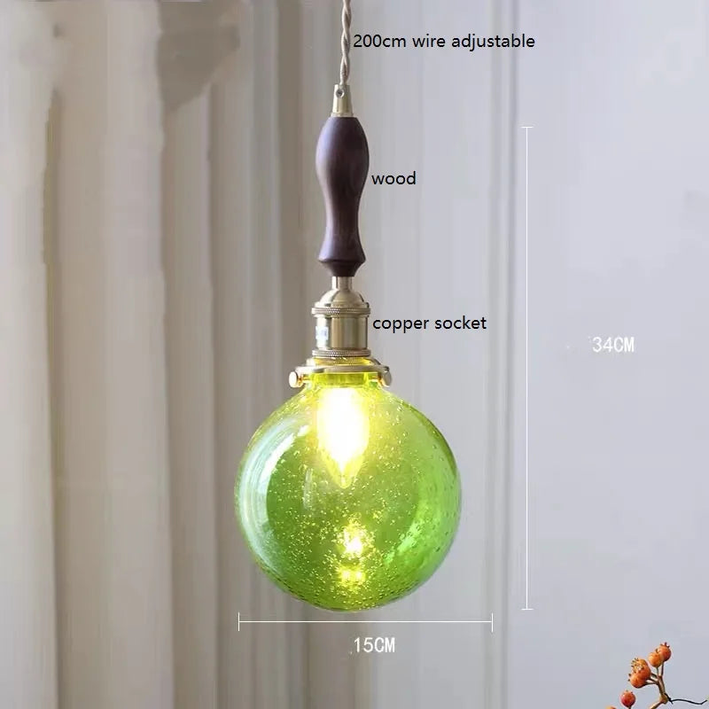 Helnys Wood LED Pendant Lamp Nordic Copper Glass Hanging Light