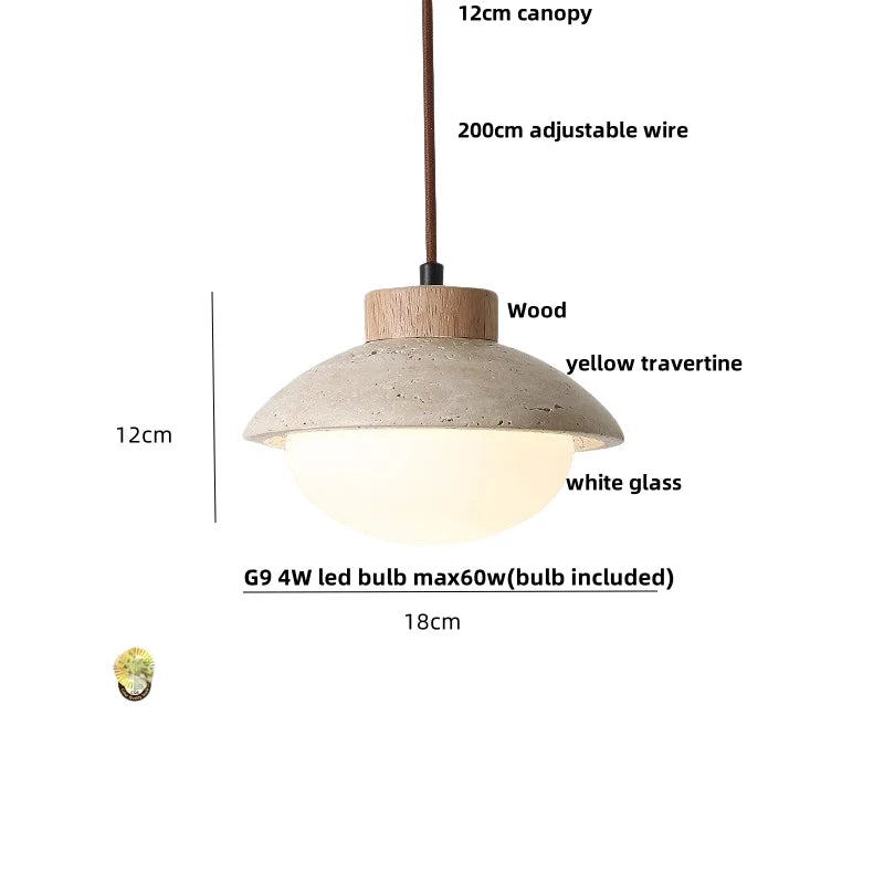 Helnys LED Pendant Light: Japanese Style, Yellow Travertine Wood, Adjustable Wire Hanging Lamp