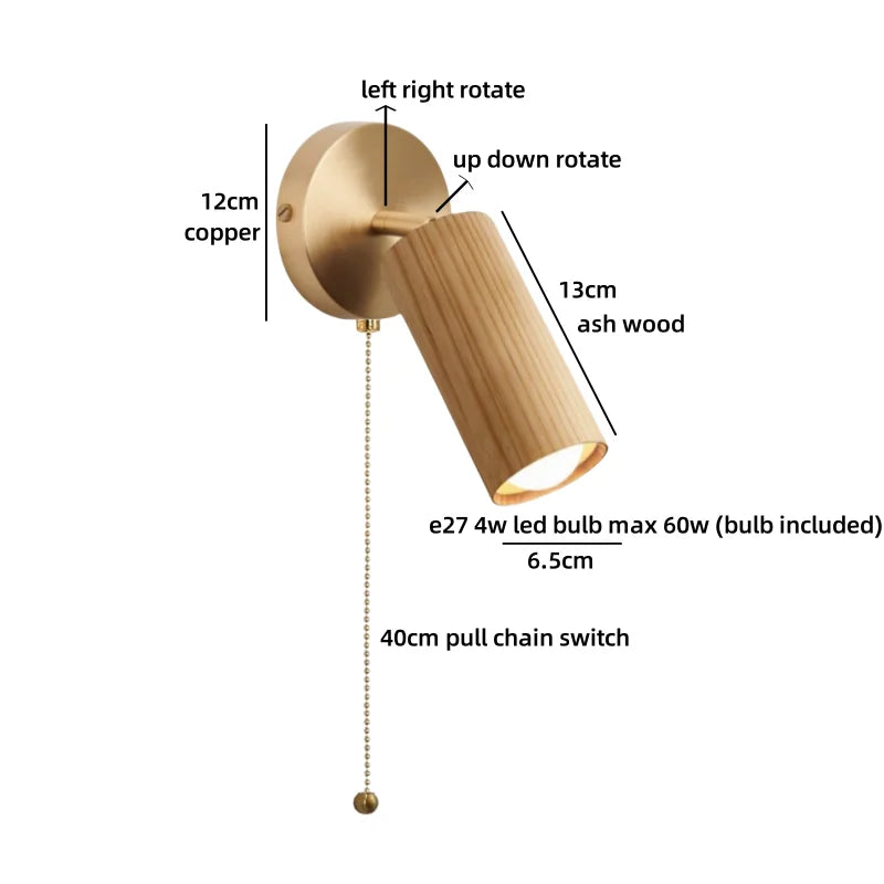 Helnys LED Wall Lights Walnut Ash Wood Gold Vintage Brass Living Room Bedroom Lamp