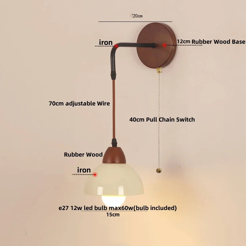 Helnys Adjustable LED Wall Light Fixture Ceramic Wood Base Bedside Lamp