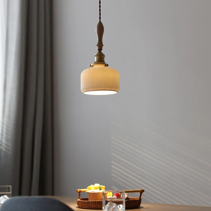 Helnys Wood Handle Copper LED Pendant Lights Fixture Modern Hanging Lamp