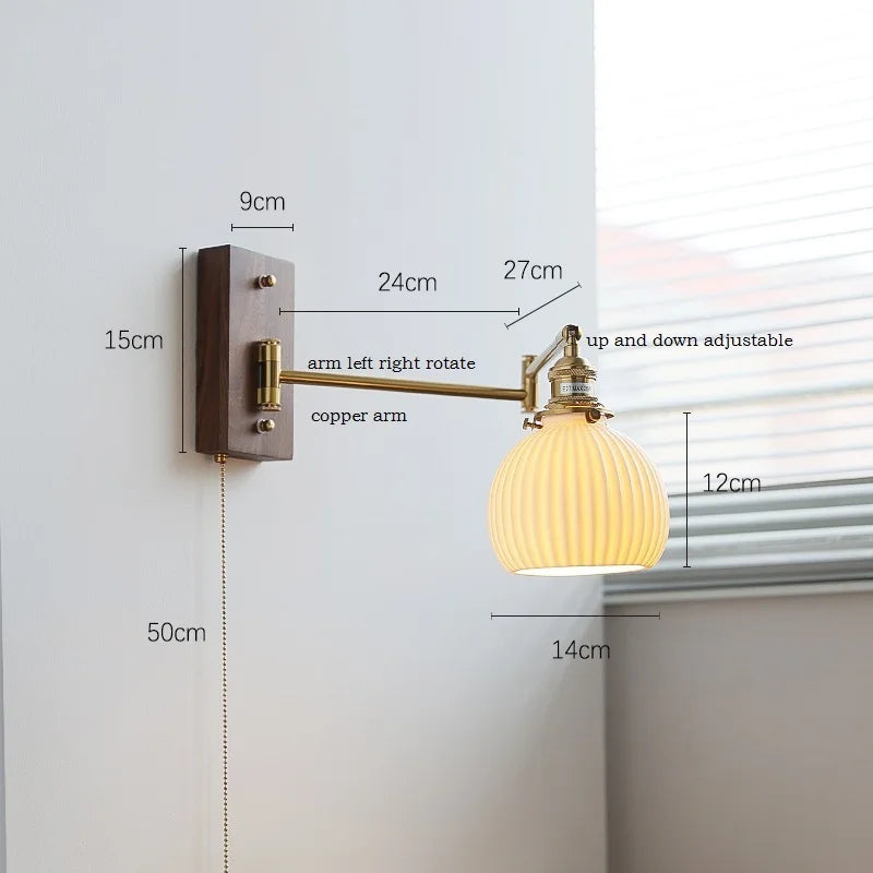Helnys Ash Wood Canopy LED Wall Sconce Pull Chain Switch Rotate Bedroom Lamp