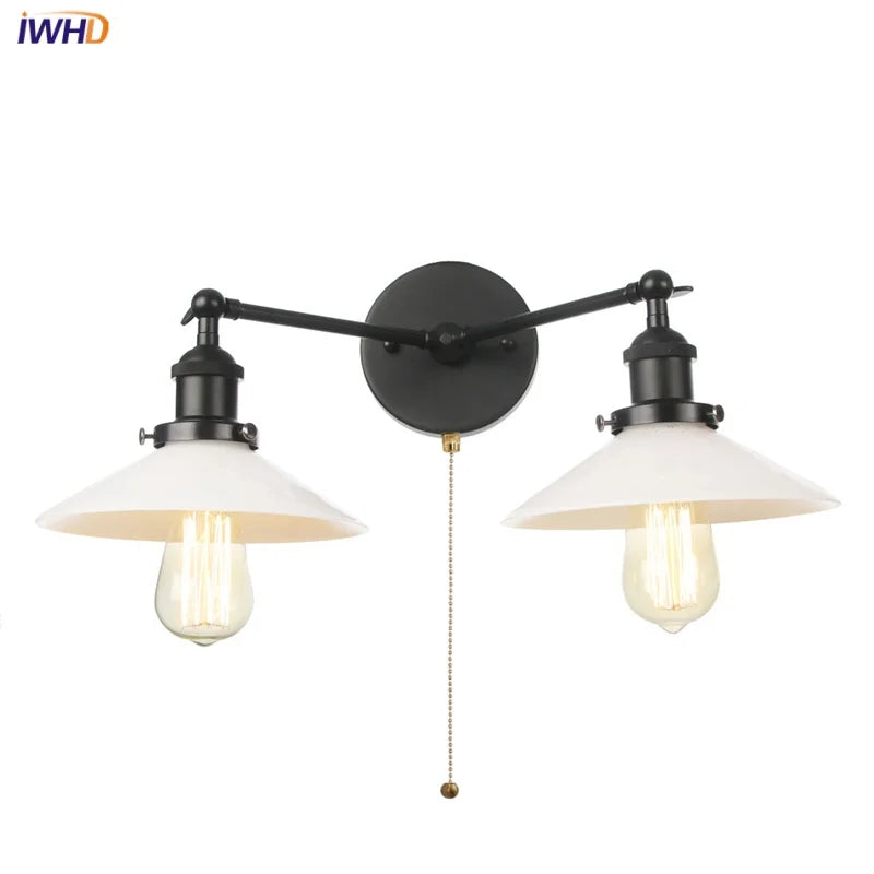 Helnys Industrial LED Wall Light with White Glass, Pull Chain Switch, 2 Heads