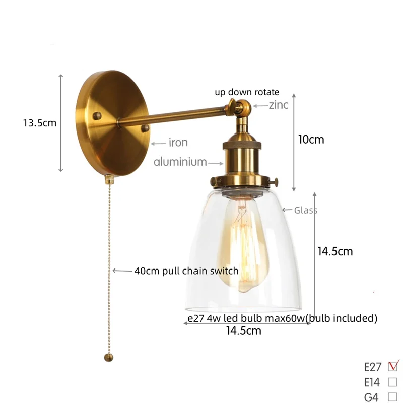 Helnys Gold LED Wall Light with Pull Chain Switch - Industrial Vintage Style