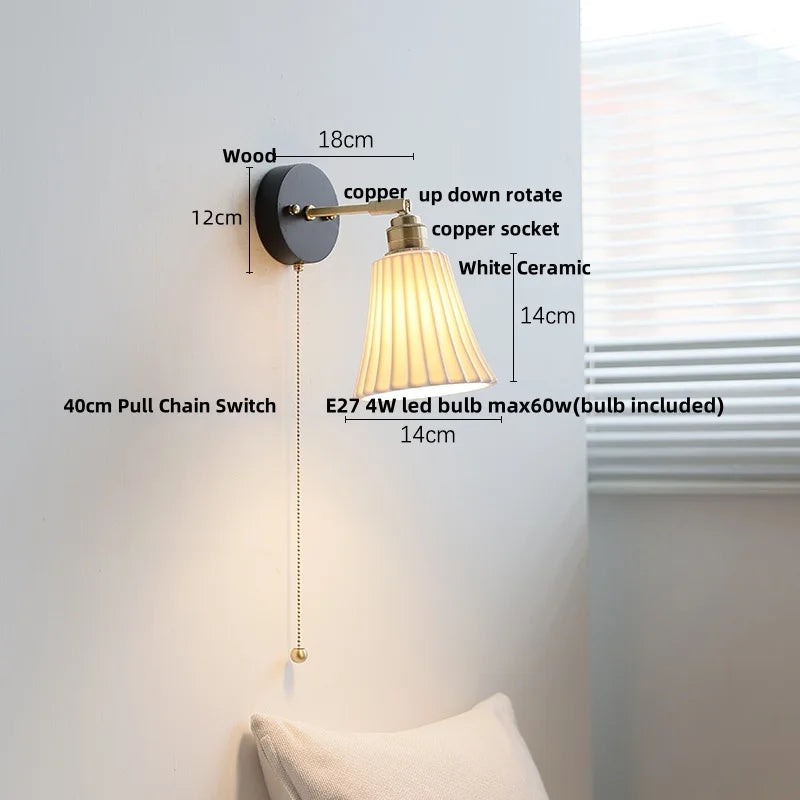Helnys Ceramic LED Wall Lamp with Wood Canopy, Up Down Rotate, Pull Chain Switch