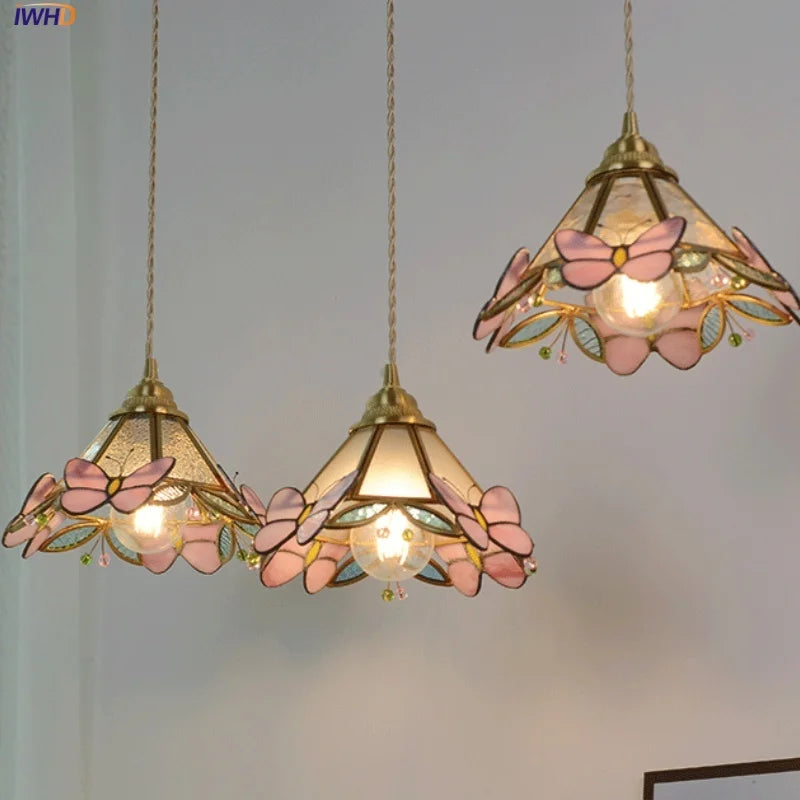 Helnys Pink Glass Brass LED Pendant Light - Nordic Modern Adjustable Hanging Lamp