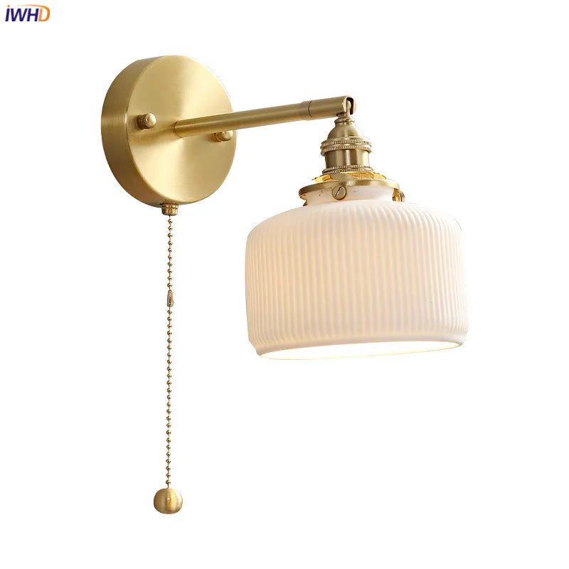 Helnys Ceramic LED Wall Lamp with Pull Chain for Bedroom Bathroom Mirror