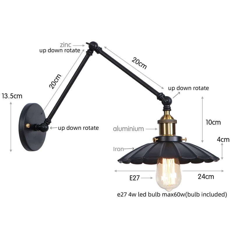 Helnys Industrial Rustic LED Wall Sconce - Long Arm Vintage Iron Stair Light