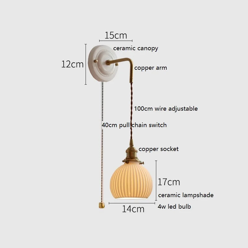 Helnys Ceramic LED Wall Sconce Copper Arm Adjustable Mirror Light