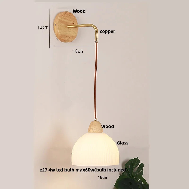 Helnys Clear Glass LED Wall Light Wood Pull Chain Switch Stair Fixture