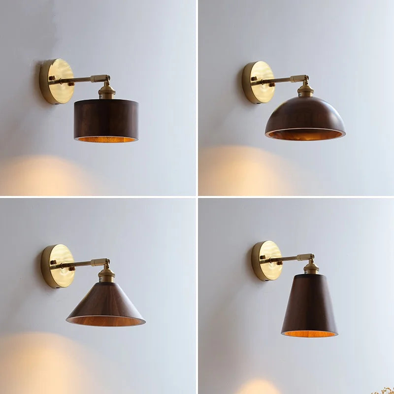 Helnys Nordic Walnut Wood Copper LED Wall Sconce Up Down Rotatable Bedside Lamp