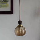 Helnys Amber Glass LED Pendant Light Fixture with Walnut Wood Hanging Lamp Base