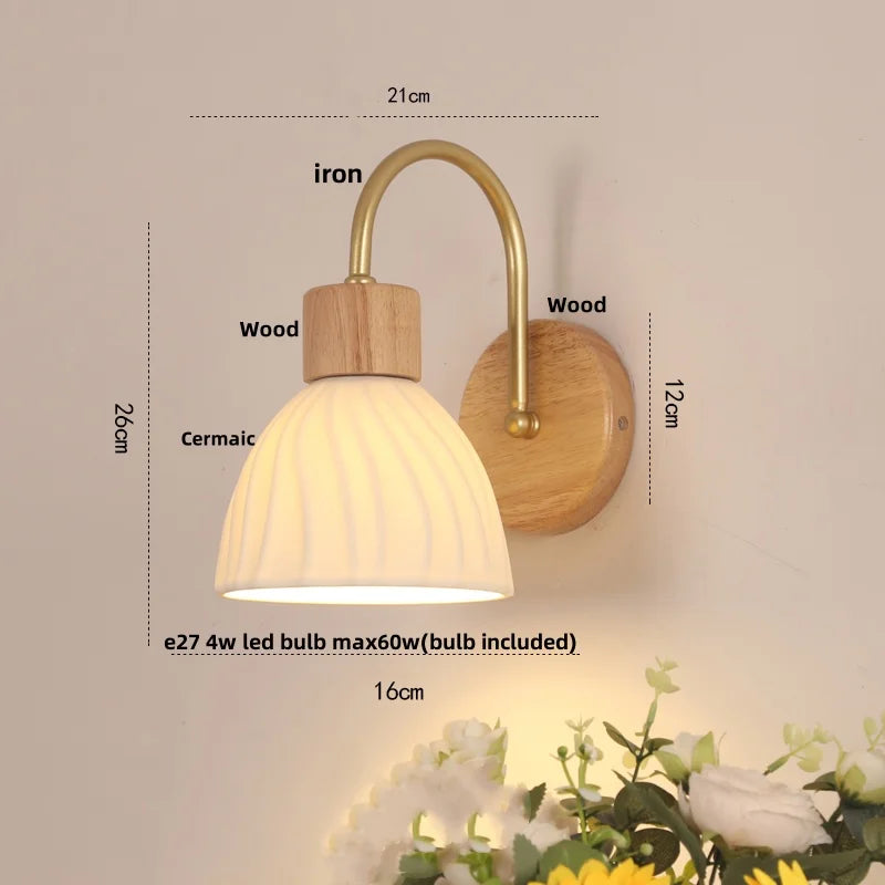 Helnys Nordic Wood Canopy LED Wall Light Fixture with Pull Chain Switch for Bedroom