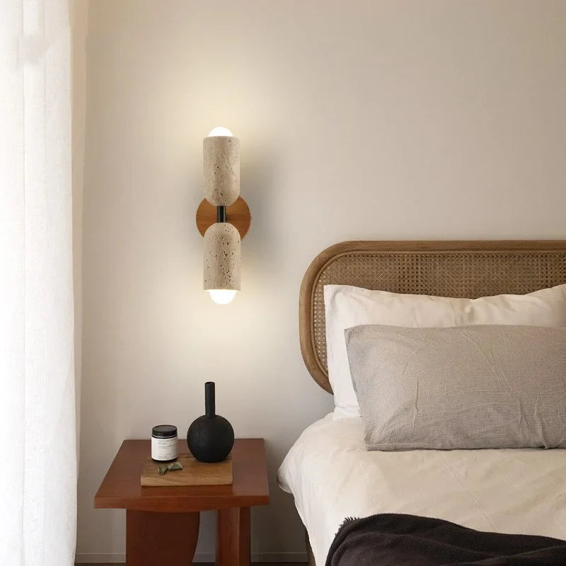 Helnys LED Wall Light Fixture Modern Nordic Design 2 Yellow Travertine Stone Wood Bedside Lamp