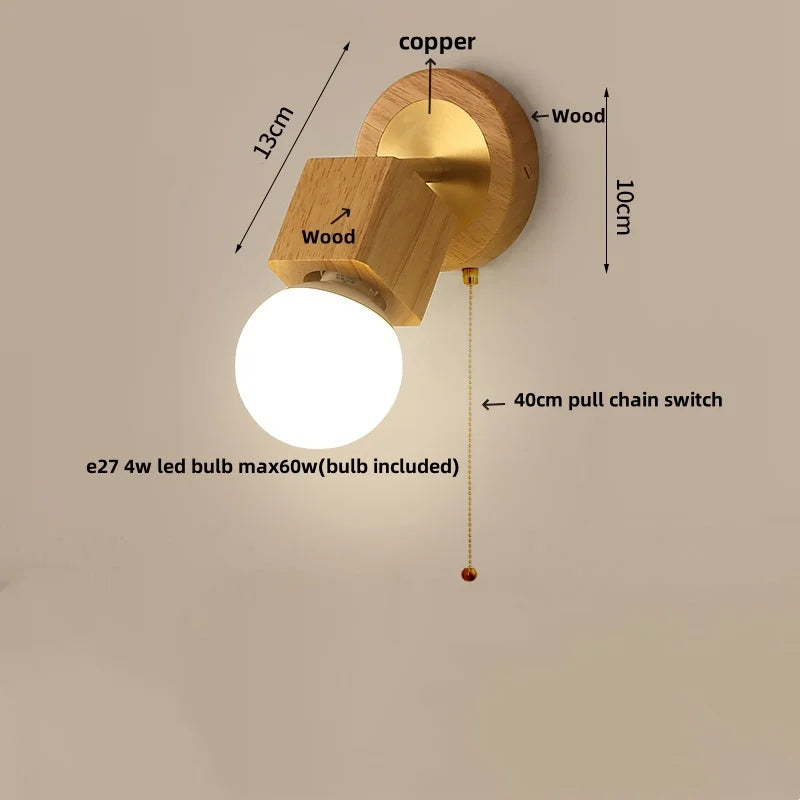 Helnys Wood LED Wall Light with Pull Chain Switch, Modern Copper Vanity Lamp