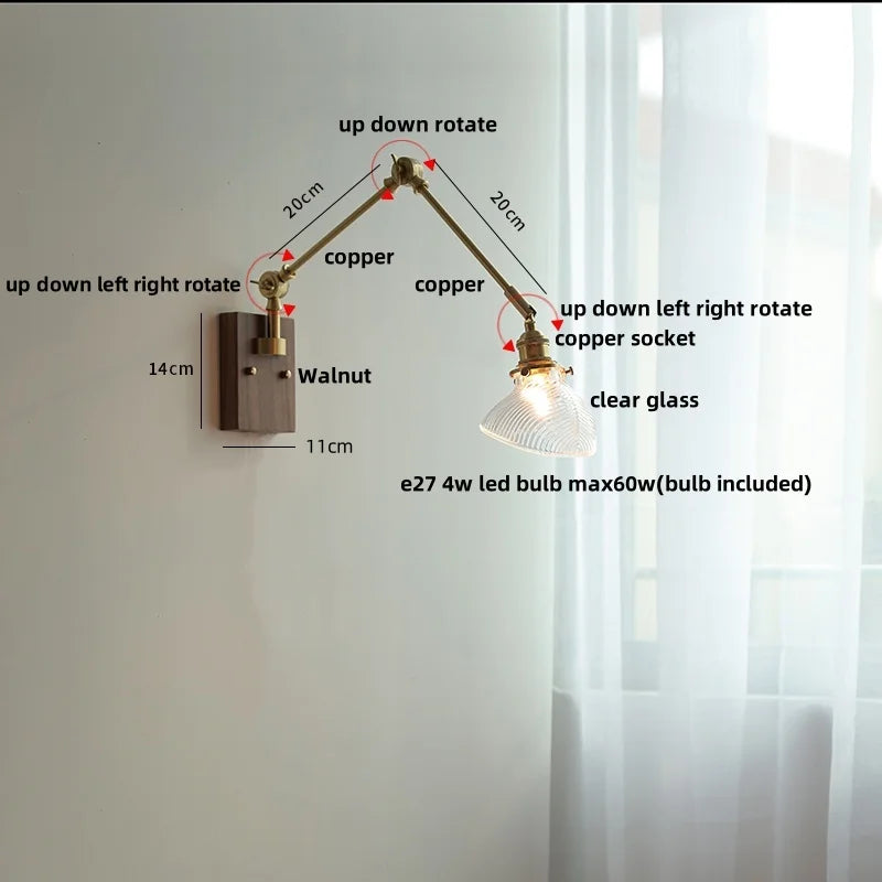 Helnys Copper LED Swing Arm Wall Sconce Walnut Finish, Pull Chain Switch Home Decor