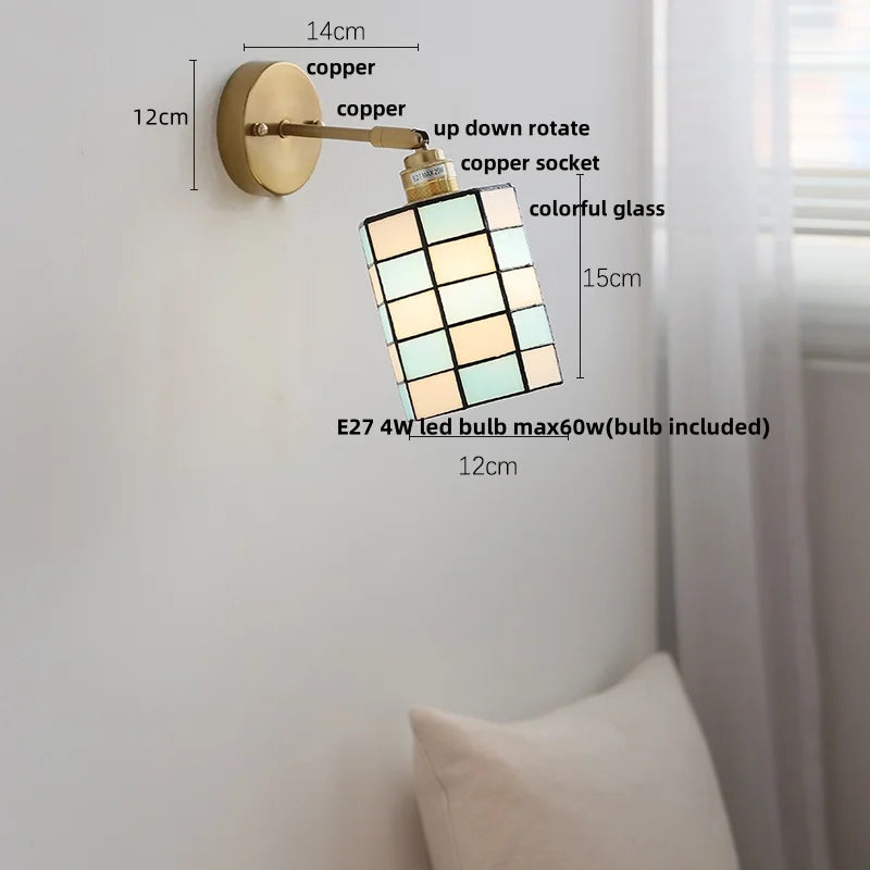 Helnys Copper LED Wall Lamp with Pull Chain Switch & Rotatable Glass Mirror Light