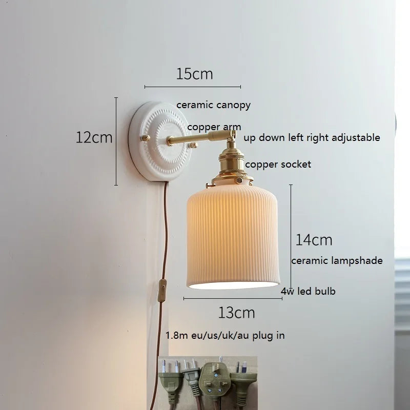 Helnys Ceramic LED Wall Sconce - Copper Arm, Adjustable Pull Chain Switch