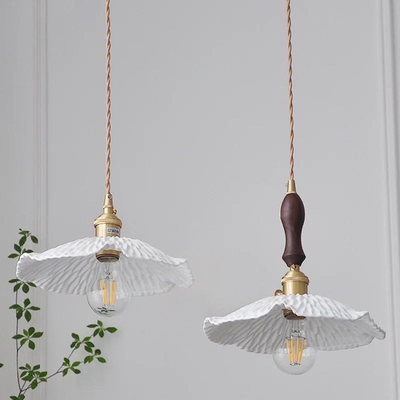 Helnys Walnut Wood LED Pendant Light with Ceramic Knob Switch