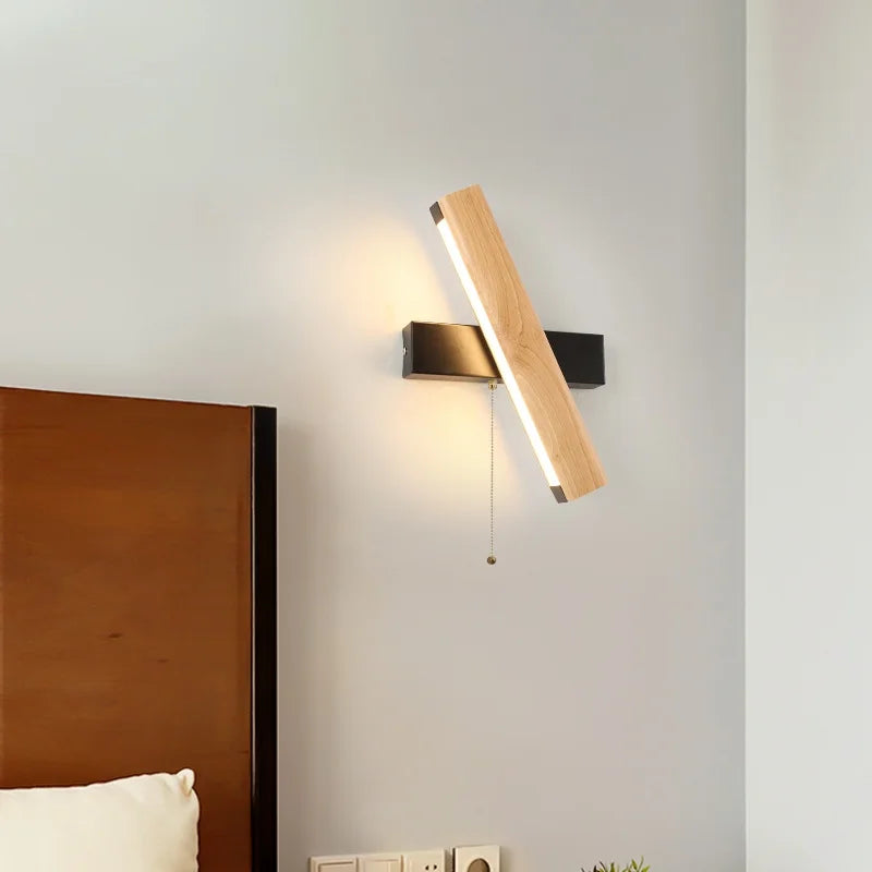 Helnys Nordic LED Wall Sconce Pull Chain Switch Wood Modern Stair Light Fixtures