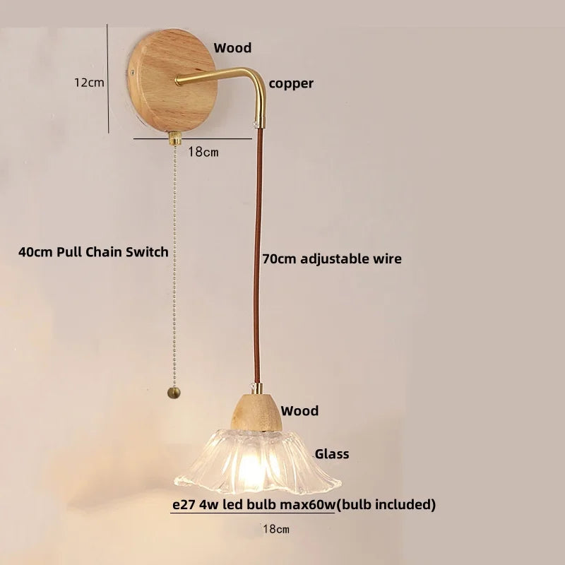 Helnys Clear Glass LED Wall Light Wood Pull Chain Switch Stair Fixture
