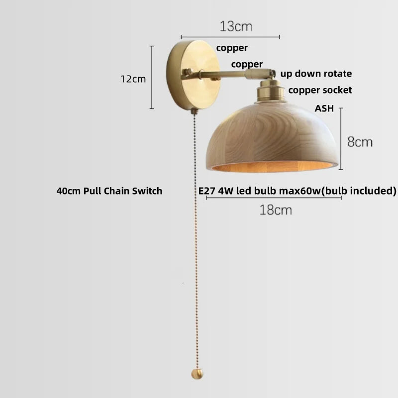 Helnys Nordic Ash Wood LED Wall Lights Rotate Pull Chain Switch