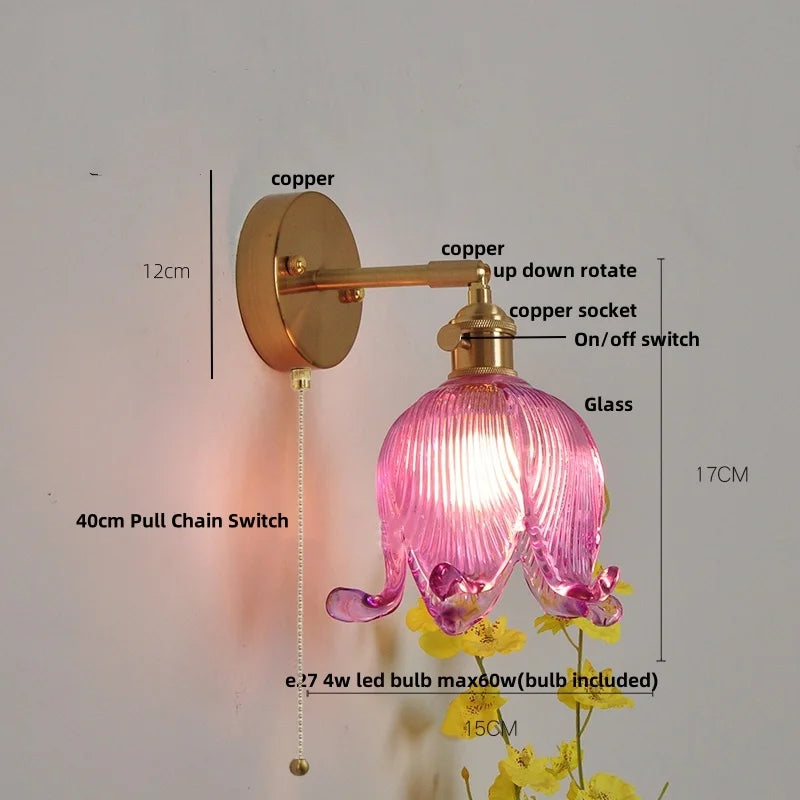 Helnys Vintage Blue Glass LED Wall Lamp with Pull Chain Switch