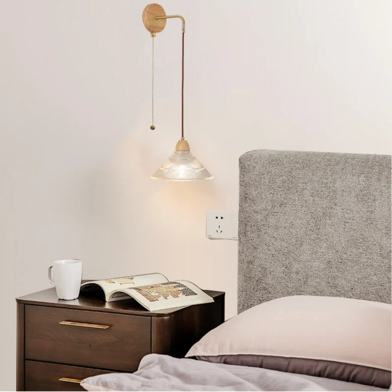 Helnys Clear Glass LED Wall Light Wood Pull Chain Switch Stair Fixture