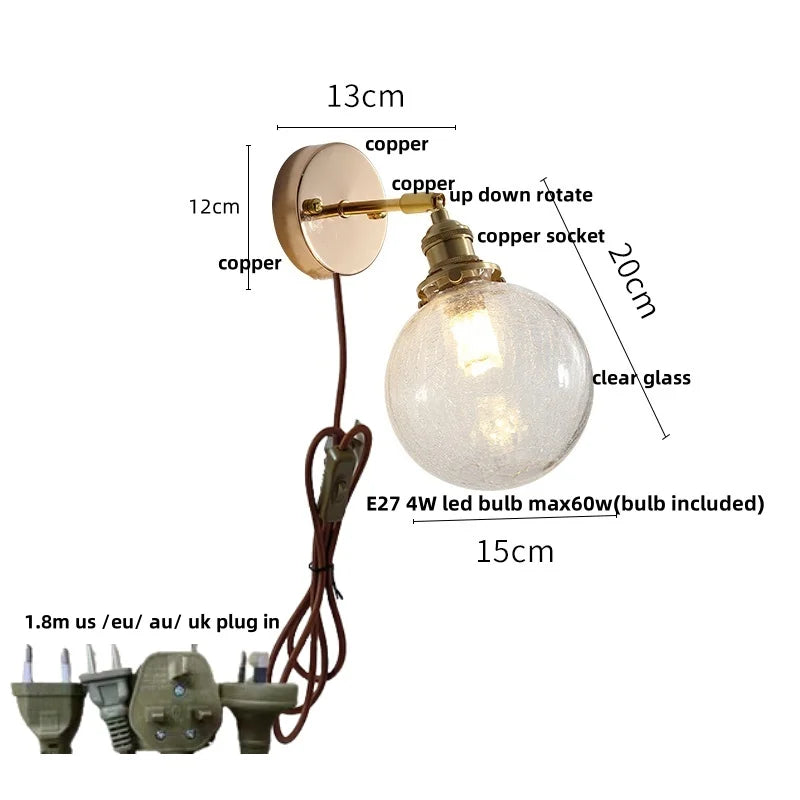 Helnys Glass LED Wall Sconce with Pull Chain Switch - Modern Nordic Bathroom Mirror Light