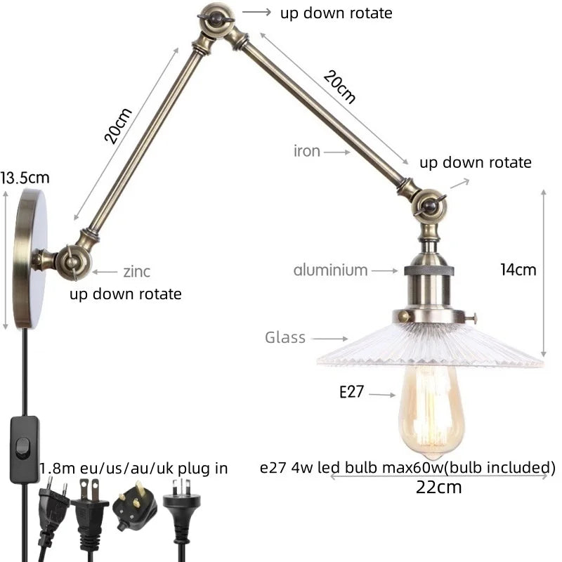 Helnys Vintage Clear Glass LED Wall Lamp with Pull Chain Switch