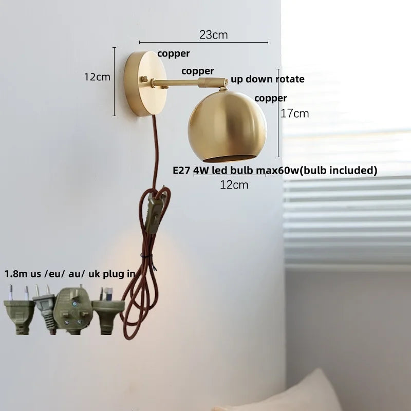 Helnys Copper Lampshade LED Wall Light - Modern Nordic Bedroom Balcony Up Down Lamp
