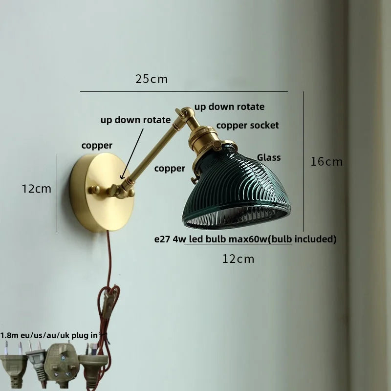 Helnys Brass Swing Arms LED Wall Light, Modern Nordic Clear Glass Bedside Lamp