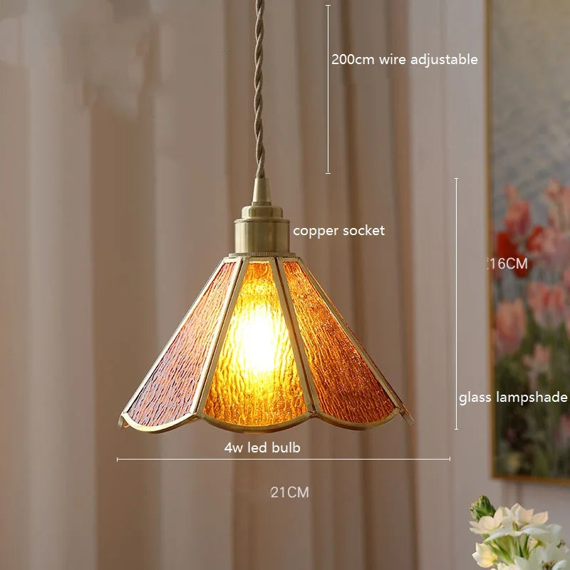 Helnys Vintage Europe Style LED Pendant Light with Wood, Copper, Glass Lampshade