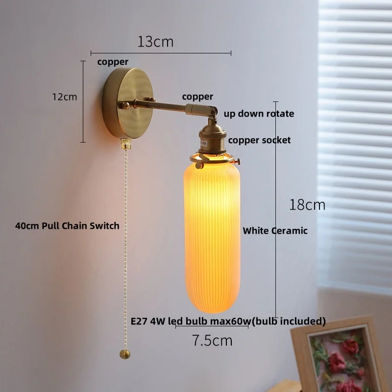 Helnys Globe White Ceramic LED Wall Sconce with Pull Chain Switch & Rotate Copper Mirror Light