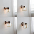 Helnys Clear Glass LED Wall Light Fixture Nordic Modern Walnut Wood Bedside Lamp