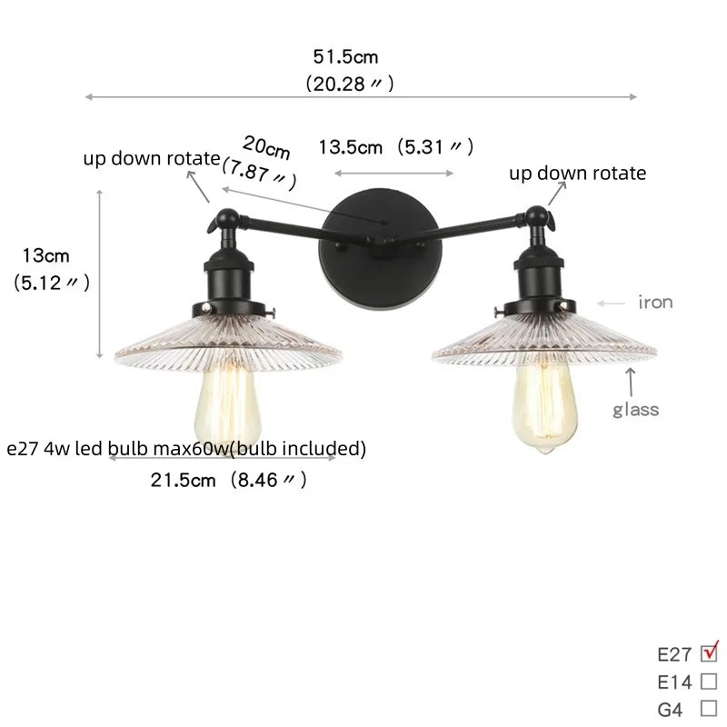 Helnys Industrial LED Wall Light with White Glass, Pull Chain Switch, 2 Heads