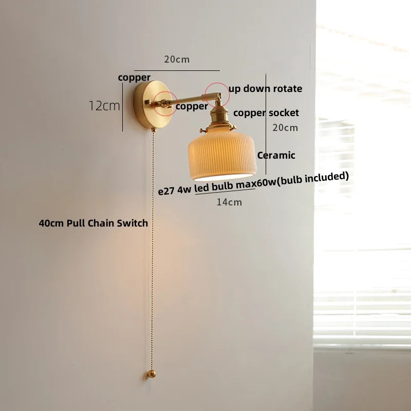 Helnys Green Loft LED Wall Light Fixture Glass Rotate Vintage Pull Chain Switch