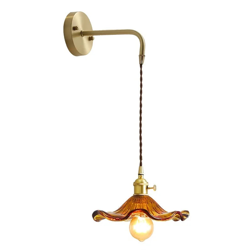 Helnys Amber Glass LED Wall Sconce for Living Room, Bedroom, Bar - Copper Wall Lamp