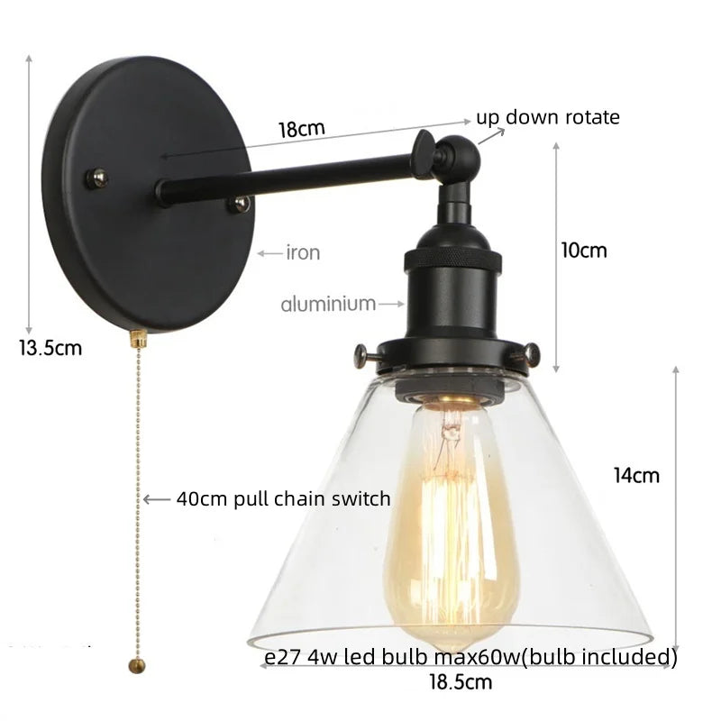Helnys Vintage Industrial LED Wall Sconce with Pull Chain Switch Glass Bathroom Lamp